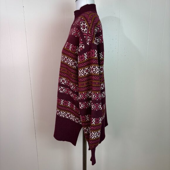 LOFT Sweater Small Burgundy Fair Isle Mock Neck Long Sleeve Holiday Pullover - Picture 4 of 11